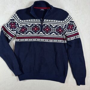 Izod Size Medium Navy and Red Heavy Cotton Fair Isle Patterned Zip-Up Sweater